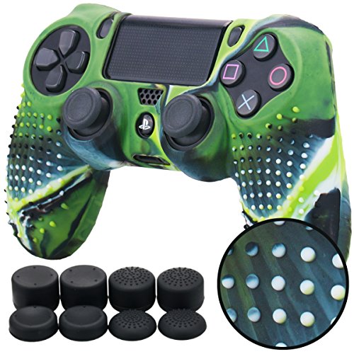Pandaren® BORCHIE silicone custodie cover pelle antiscivolo per PS4 controller x 1 (camuffamento verde) + FPS PRO thumb grips pollice prese x 8