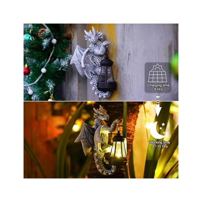 Goodeco Dragon Tree Hugger Solar Lantern Garden Statue, 9.3 Inch Resin Dragon Decor for Outdoor