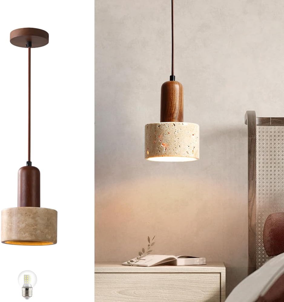 Stone Pendant Lamp, Modern Walnut Wood Decoration Hanging Light, Small Yellow Travertine Pendant Lamp for Farmhouse Kitchen Island (A)