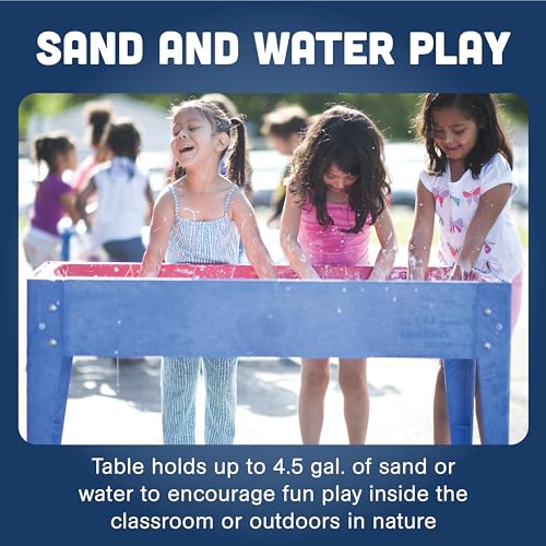 Constructive Playthings Indoor/Outdoor Sand and Water Activity Table for Kids Ages 1-3, Portable Classroom Play Table with Dry-Erase Top and 2 Side Trays, Blue/Red