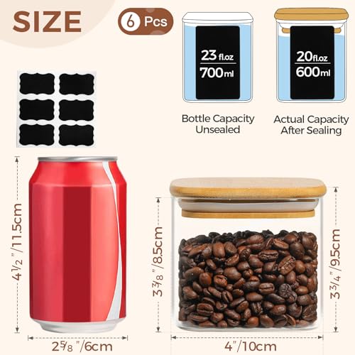 ComSaf 20oz/500ml Glass Food Storage Jars Set of 6, Square Storage Containers with Airtight Bamboo Lid, Pantry Organization Jar, Spice, Coffee and Sugar Container, Canister Set for Kitchen - Image 3