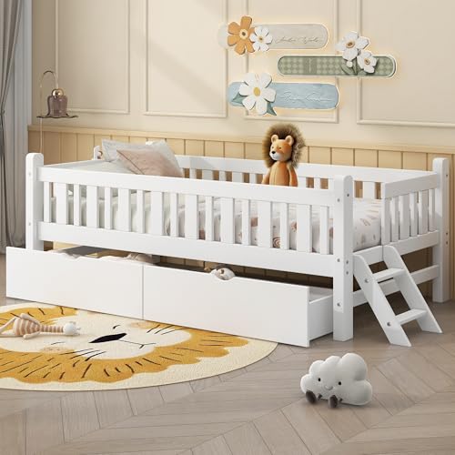 Image of Majnesvon Twin Platform Bed Frame with 2 Storage Drawers, Wood Twin Bed Frames for Toddler Girls Boys, 8 Slats Support, No Box Spring Needed, Easy Assembly