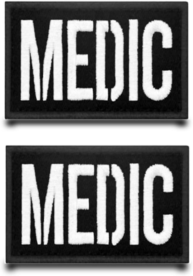 Pack of 2 White Medic Embroidery Flag Patch Funny Embroidered Badge with Embroidery Tactical Military Appliques for Bags Backpacks Vest Dog Harness Outdoor Clothing Jacket Jeans