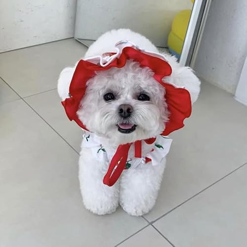 Dog One Piece Swimwear Bright Plaid Bikini Style Dog Cooling Shirt With Sun Cap Hat Pet Beach Swimsuit Puppy Bathing Dress (Medium, Cherry) #TOP7