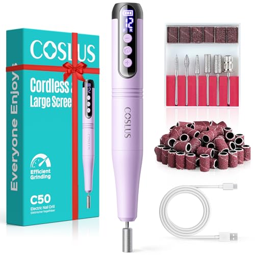 COSLUS C50 Cordless Electric Nail Drill : 12-Speed Professional Nail File with LED Display for All Manicure Shaping & Gel Removal, Nail Art Practice Essentials, Home DIY & Portable Travel Use, Purple