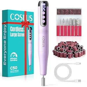 COSLUS C50 Cordless Electric Nail Drill : 12-Speed Professional Nail File with LED Display for All Manicure Shaping & Gel Removal, Nail Art Practice Essentials, Home DIY & Portable Travel Use, Purple