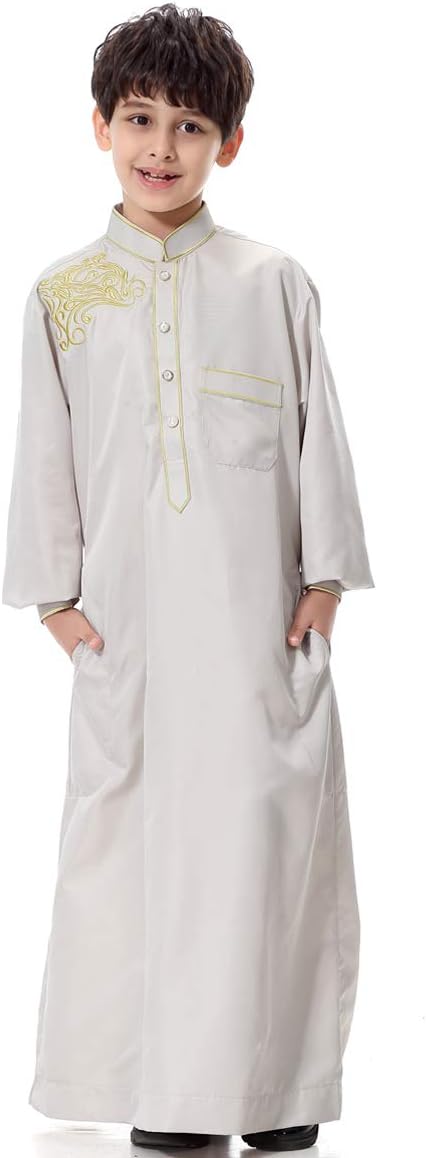 XINNI Arabic Thobe Muslim Thobe Kaftan Stand Collar Robe with Botton for Boy