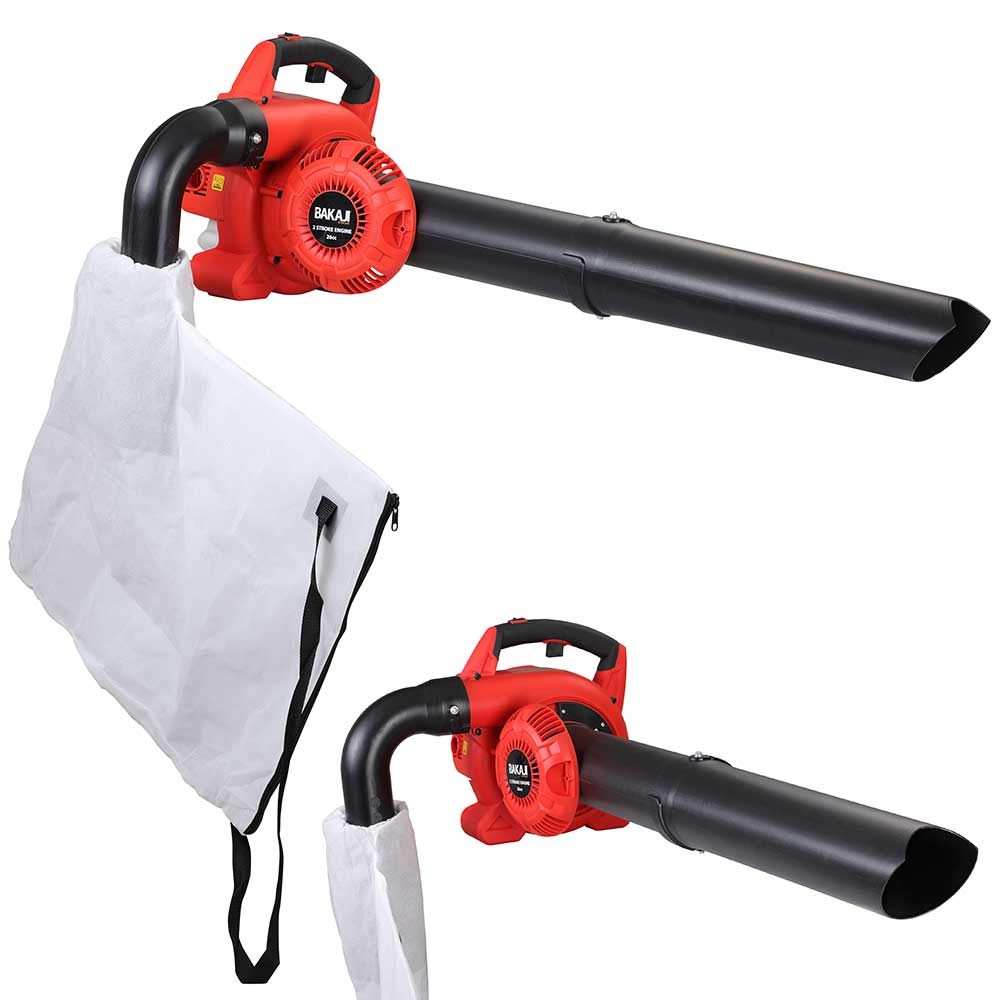 BAKAJI - Soplador de Gasolina para jardín, Motor de Gasolina de 2 Tiempos, 26 CC, 8500 RPM, 3 en 1, Aspirador triturador y soplador de Hojas con Bolsa de Recogida de 35 l, para Espacios Exteriores
