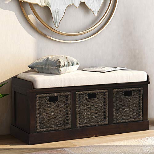 P PURLOVE Rustic Storage Bench Entyrway Bench with 3 Removable Basket, Fully Assembled Shoe Bench Storage Bench for Entryway Bench with Removable Cushion for Living Room