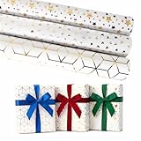 3 Rolls Gift Wrapping Paper, Present Wrapping Paper Set with Sticker and Gift Card, 43cm x 3m Luxury Gold Foil gift Wrap paper Roll, Recyclable gift Wrap Sheets for Birthdays Christmas Holiday