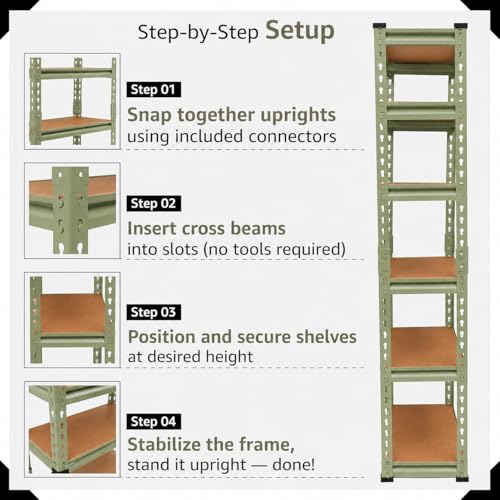 Image of BonKaso Adjustable 6-Shelf Metal Storage Rack | Heavy-Duty Steel Boltless Rivet Utility Shelving Unit for Garage, Kitchen & Office | 62 Inches Height (62 x 24 x 12 in) - Olive Green