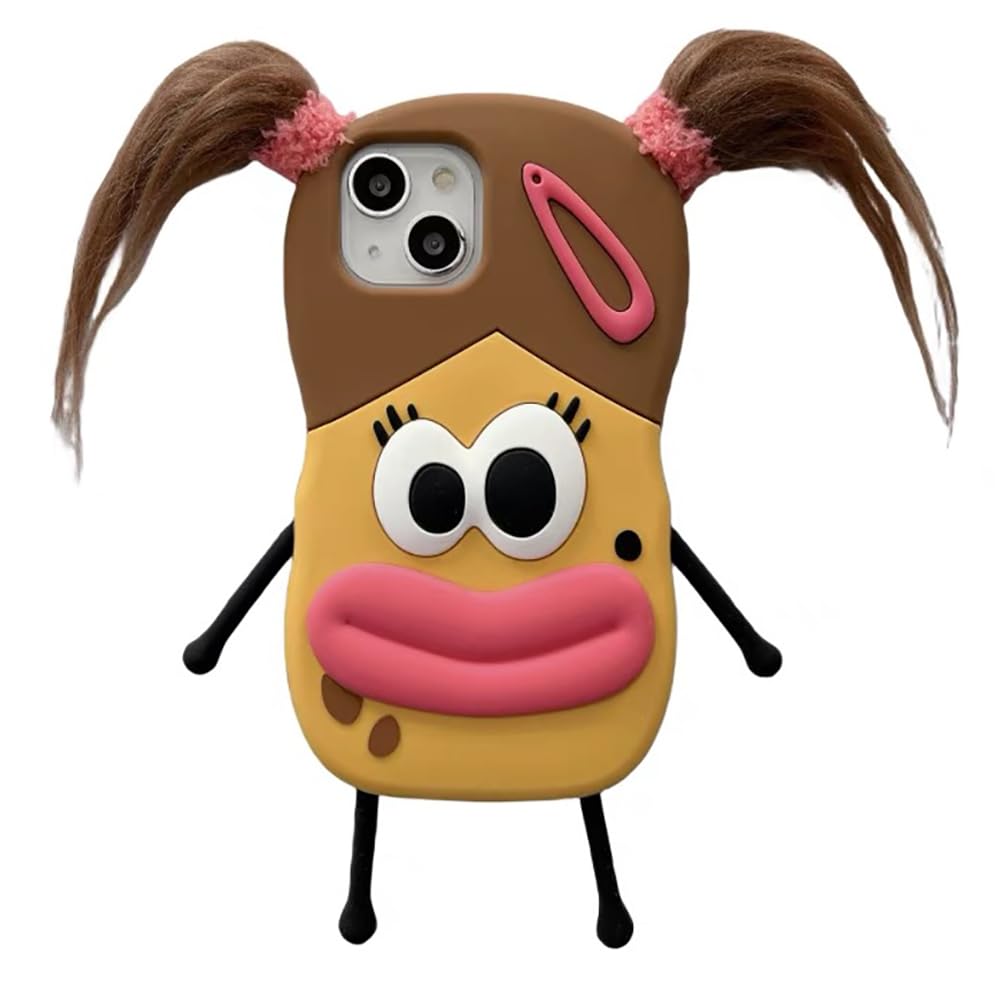 QoKcoahniPhone 15 Pro Case, Cute 3D Kawaii Phone Cases Funny Braided Sausage Mouth Girl Cartoon Case with Keychain Soft Silicone Gel Drop Protection for Women and