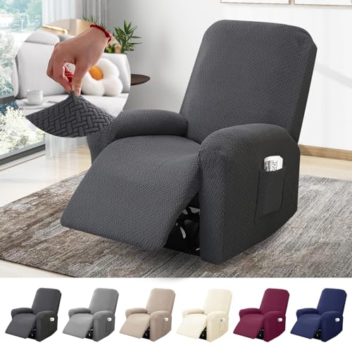 BOYIFEIJIE 1-Sitzer Sessel Überzug Sesselbezuge Stretch mit Taschen All-Inclusive Streifen-Jacquard Sesselschoner für Fernsehsessel Relaxsessel Sesselhusse (Dunkelgrau 4-Teilig)