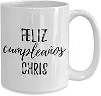 Vista 2 de Feliz Cumpleanos Chris Mug Spanish Happy Birthday Personalized Name Gift Coffee Tea Cup Large 15 Oz