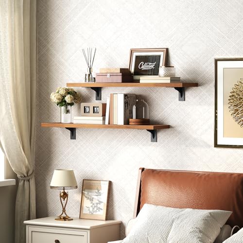 Image of HOOBRO Floating Shelves for Wall, 23.6 inch Wall Mounted Shelves Set of 2, Hanging Storage Shelf with Metal Brackets, Wooden Shelf for Living Room, Bedroom, Bathroom, Rustic Brown and Black BF62BJP201G1