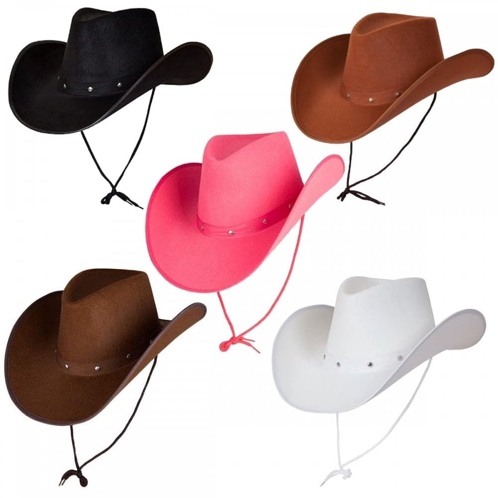 A2ZFD Adult Texan Cowboy or Cowgirl Hats 5 PACK (1 each: Black, Brown, Dark Brown, White, Pink) : Wild West, Rodeo, Music Festival, Western themed Fancy Dress Costume Accessory
