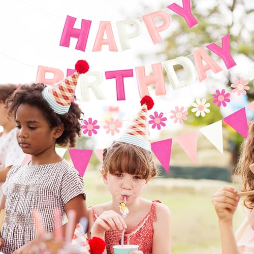 Image of CANREVEL Pre-Strung 3D Happy Birthday Banner, 3 PCS Happy Birthday Felt Garland, Pom Pom Garland, Triangle Fabric Garland Bunting, Reusable Birthday Decorations for Women Men Girls Boys, Pink Flower