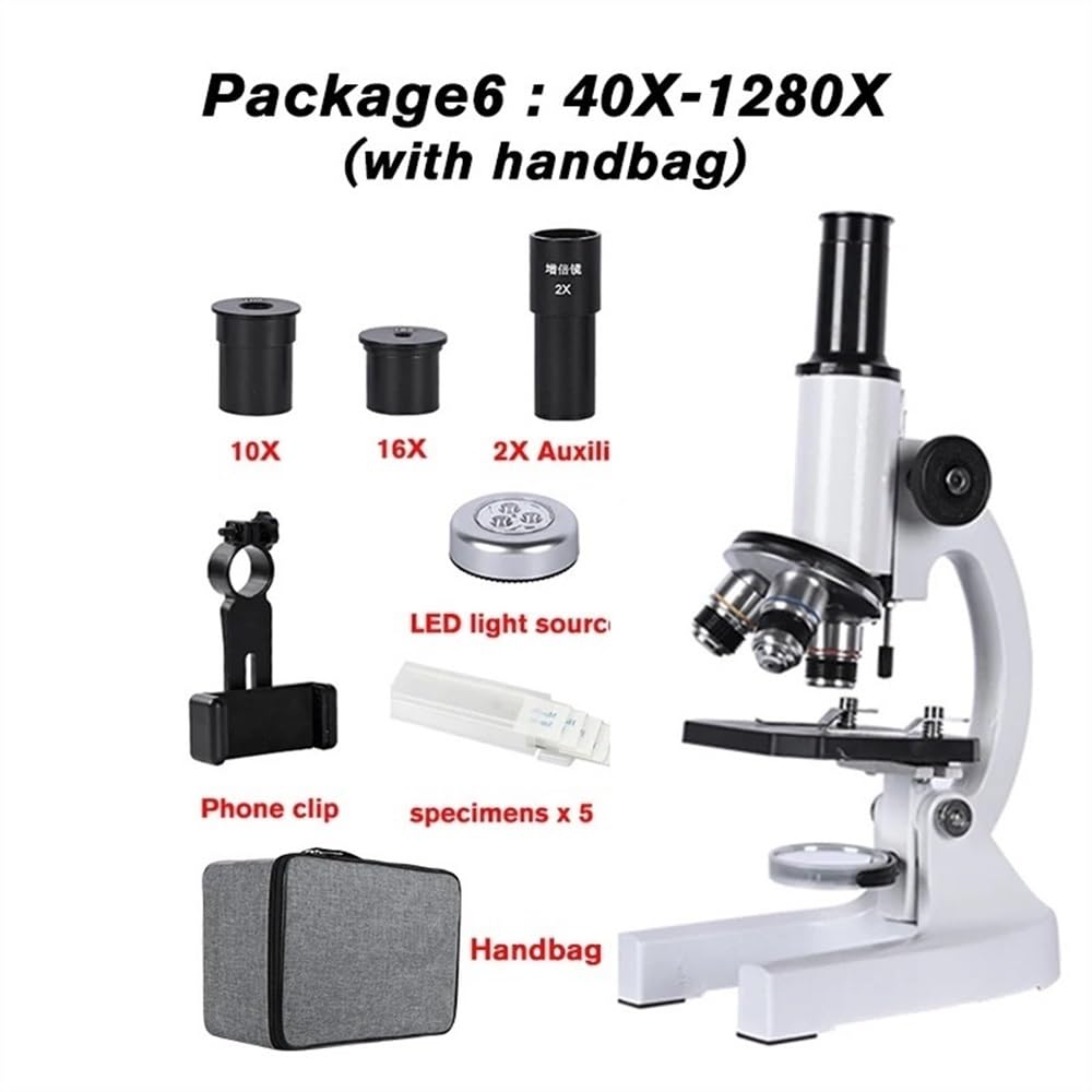Microscope Zoom 640X 1280X 2000X HD Biological Microscope Monocular Student Education Laboratory w/LED Light Phone Holder Electronic Eyepiece(Package6(40X-1280X))