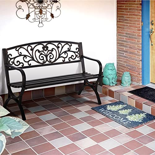 Phi Villa 50Inch Cast Iron Steel Frame Garden Bench Patio Furniture Chair Outdoor Bench W/Floral Design Backrest, Slatted Seat For Park, Yard & Porch, Bronze #TOP4