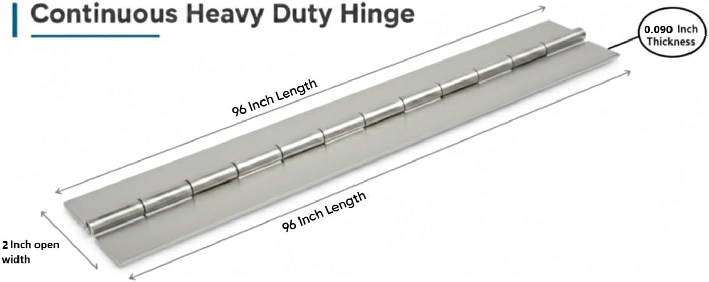 Heavy Duty Steel Continuous Hinge - 0.090 Inch Thickness, 0.250 Inch Pin Thickness, 2 Inch Open Width, 96 Inch Length