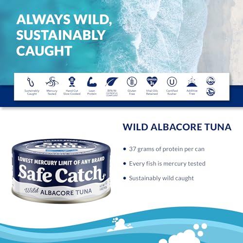 Safe Catch Wild Albacore Tuna Canned Low Mercury Can Tuna Fish Steak Gluten-Free Keto Food Non-GMO Kosher Paleo-Friendly High Protein Every Can Of Tuna Is Tested No Water Oil Tuna, Pack of 6 5oz