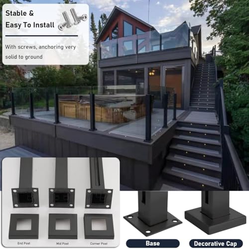Black Glass Railing Post - 304 Stainless Steel, 33.4" for Balconies, Decks, Staircases, Patio Stairs & Pool Fences, Screw Base End Post, Durable & Stylish Design