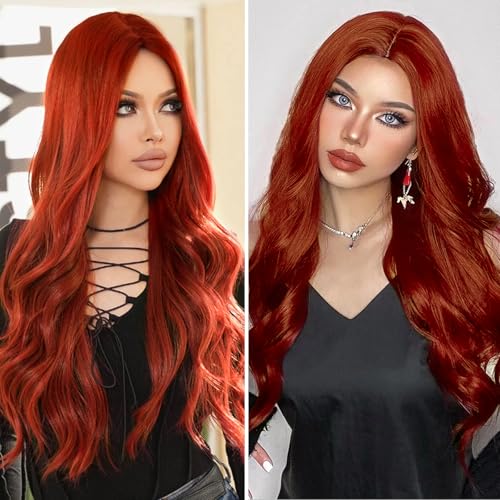 SHINLEA Auburn Wig for Women, 26 Inch Long Wavy Lace Hairline Middle Part Natural Looking Synthetic Heat Resistant Fiber Wigs for Daily, Party, Halloween and Cosplay, Auburn - image 8