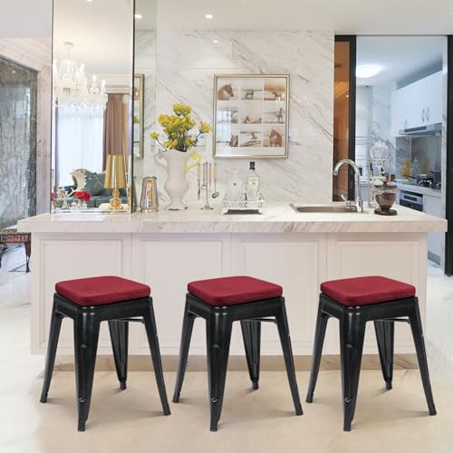 Image of BUYUE Friendly Woven Fabric Magnetic Bar Stool Cushions Set of 4, Enhanced Anti-Slip Breathable Small Chair Seat Pads for Cafe Bistro Stackable Metal Stools (Square, Red, 4 Counts)