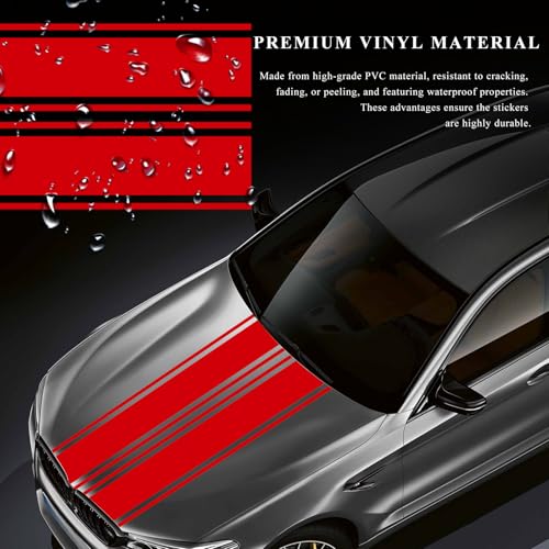 Image of 2 PCS Car Hood Sticker, 70.9 inch x 7.3 inch Waterproof Racing Stripes Auto Body Side Decals, Sports Style Hood Sticker Exterior Decoration for Most Vehicles, Car Accessories (Red)