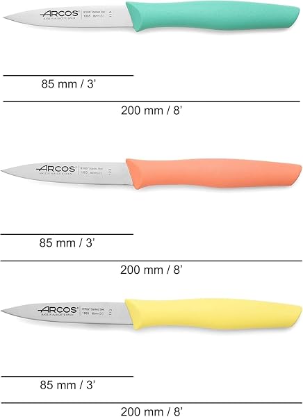 Arcos Set Cuchillos Mondadores. 3 Piezas Acero Inoxidable. Cuchillos Cocina Peladores Multicolor para Pelar Frutas y Verduras. Mango Ergonómico Polipropileno. Serie Nova. Naranja, Amarillo y Azul. - 2
