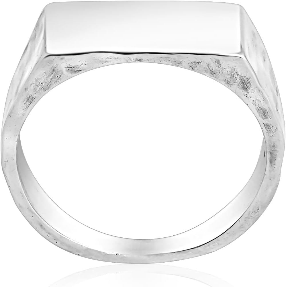 JEAN RACHEL JEWELRY Men’s Solid 925 Sterling Silver Rectangular Signet Ring - Hammered Band Ring - Oxidized Rustic Finish
