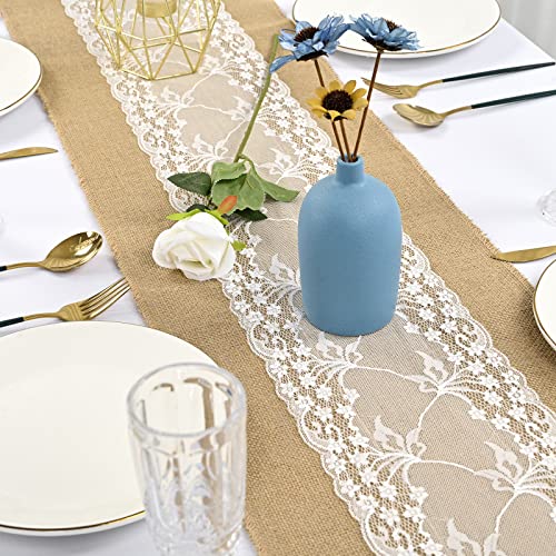 10 Pack Burlap Table Runner 12 X 108 Inch Natural Jute Vintage With Lace Table Runner Rustic Vintage Lace Hessian Table Cover For Wedding Table Decorations Farmhouse Thanksgiving (Middle Lace) #TOP3