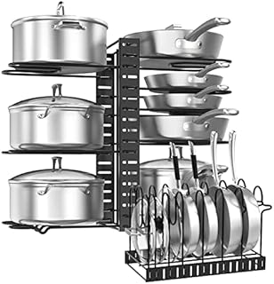 Housolution Pan Rack Holder Stand Organiser, 8 Tiers Upgraded Saucepan Storage Rack Pot Organiser with Non-Slip Silicone Covered Dividers, Pot Lid Organizer Rack for Kitchen Pantry Cupboard, Black