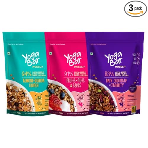 Yogabar Muesli Variety Pack - (Dark Chocolate, Fruits Nuts + Seeds, Almond + Quinoa Crunch) 400g Each