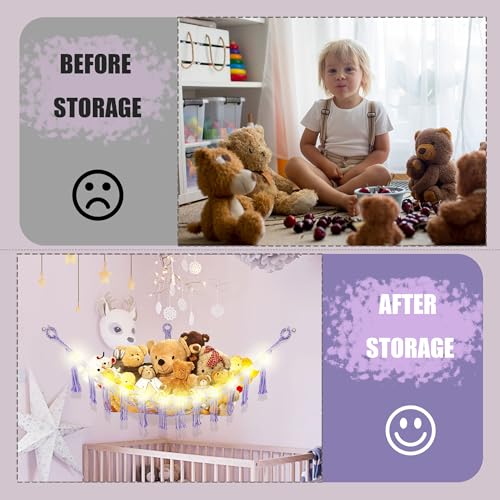 Image of CERETIA Stuffed Animal Hammock with LED Light, Large Stuffed Animals Storage Corner Plushie Net for Kids Room Decor, 2 Packs Purple