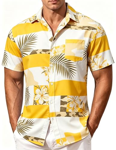 Image of Men's Hawaiian Shirt Tops Vintage Short Sleeve Button Down Beach Shirt Male Tropical Floral Summer Pullover Party Holiday