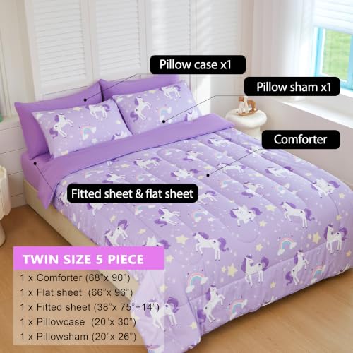 Image of Purple Unicorn Bedding Set - Super Soft Microfiber Twin Size 5 Piece Bed in a Bag, Comforter Set with Sheets, Pillowcase & Sham for Girls Kids (Purple Dreamy Unicorn, 5 Piece Twin Size)