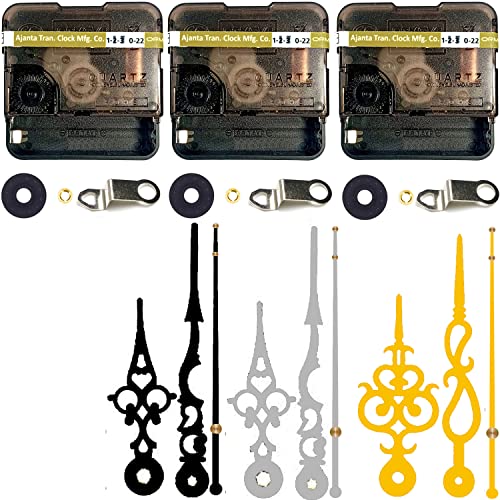Image of YOPY Combo of 3 Ajanta Mfg. Battery Operated Plastic Ticking Clock Movement Machine with Hands (Black+Silver+Gold)(Desing 7)