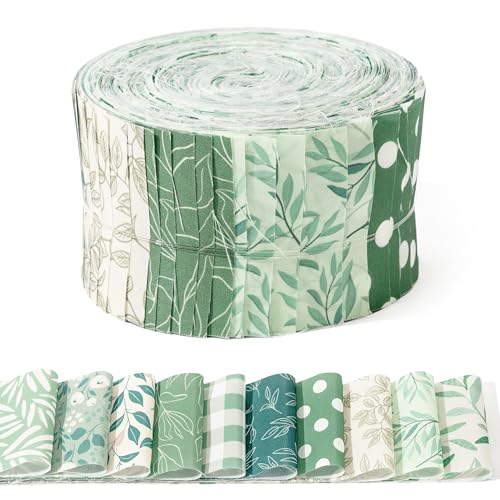 GQIRIL Cotton Roll Fabric Strips - 50PCS 2.5-inch Sage Green Floral Quilting Cloth Fabric, Summer Spring Greenery Leaves Quilts Patchwork Strips for DIY Sewing Craft (10 Styles)