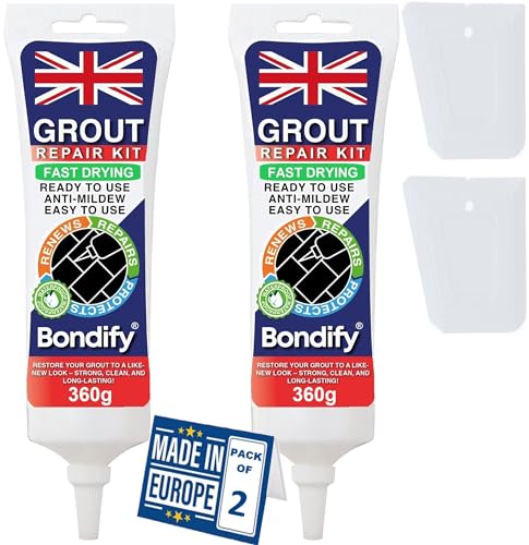 BONDIFY Waterproof White Grout Repair Kit Ready Mixed, 360g x 2PCs FAST DRYING, EXTRA VOLUME Anti Mould White Tile Grout Reviver for Shower, Bathroom, Kitchen, Quick Drying Tile Gap Filler Ready Mixed