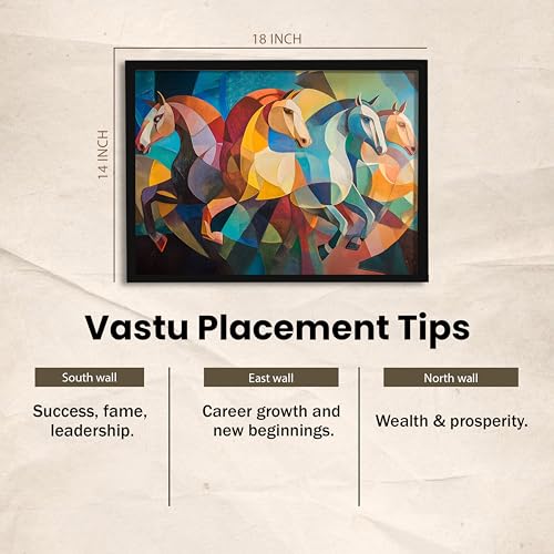 Image of Abstract 4 Running Horses Vastu Framed Wall Art Painting For Living Room| Horse Painting With Frame Symbol of Progress & Harmony Wall Art for Home & Office, 14x18 Inch