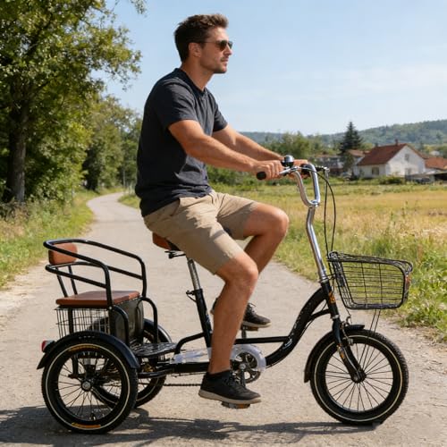 Triciclo de Carga para Adultos de 3 Ruedas de Alta Resistencia con Cesta Trasera de 16 Pulgadas, Pedal único y Cuadro de Acero de Alto Carbono para Personas Mayores, Mujeres y Hombres.