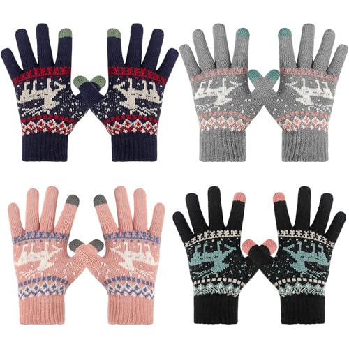 Lvefyti 4 Paar Touchscreen Handschuhe, Damen Winterhandschuhe Winddichte Strick Fäustlinge Handschuhe für Skifahren Radfahren Wandern