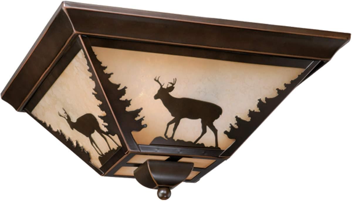 Burnished Bronze Rustic Deer 3 Light Exterior Outdoor Flush Mount Outdoor Ceiling Mount Rustic Flush Mount Wildlife Ceiling Light Lodge Lighting Ceiling Rustic Deer Flush Mount Light