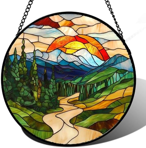 Sunset Mountain Forest Stained Glass Style Suncatcher Window Hanging Decor, Acrylic Jigsaw Puzzle DIY Puzzle 83 Pieces Irregular Pieces 7.4 in, Mountain Scenery Gift for Relatives