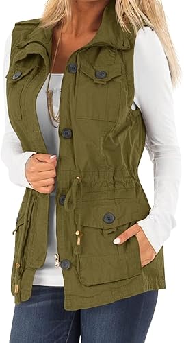 Koodred Chaleco utilitario con cordón para mujer, ligero, sin mangas, con bolsillos, estilo militar casual