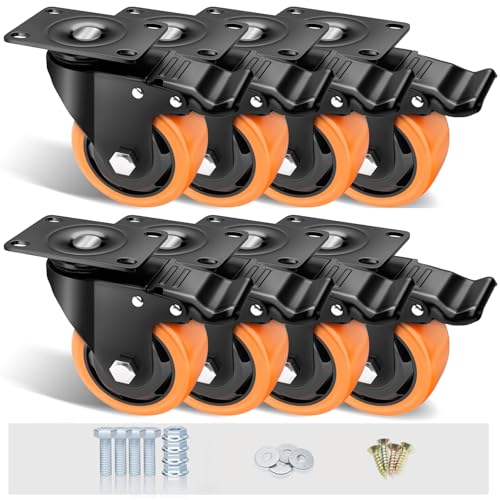 Image of 3 inch Caster Wheels Set of 8, Heavy Duty Casters with Brake, No Noise Locking Casters with Orange Polyurethane (PU) Wheels, Swivel Plate Castors Pack of 8