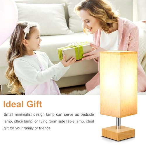 Image of Wood-Grain Small Bedside Lamp for Bedroom - Square Cream Fabric Shade | Inline Rocker Switch, Corded Electric, Bulb Not Included, 12.8 inch Mini Table Lamp for Nightstand, Desk, Dorm, Office