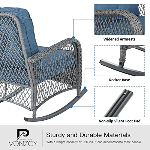 Patio Furniture Set 3 Pieces, Wicker Rocking Bistro Set with Thick Cushions, Outdoor Rocker Chairs and Coffee Table for Porch, Backyard or Garden (Blue) - Image 6