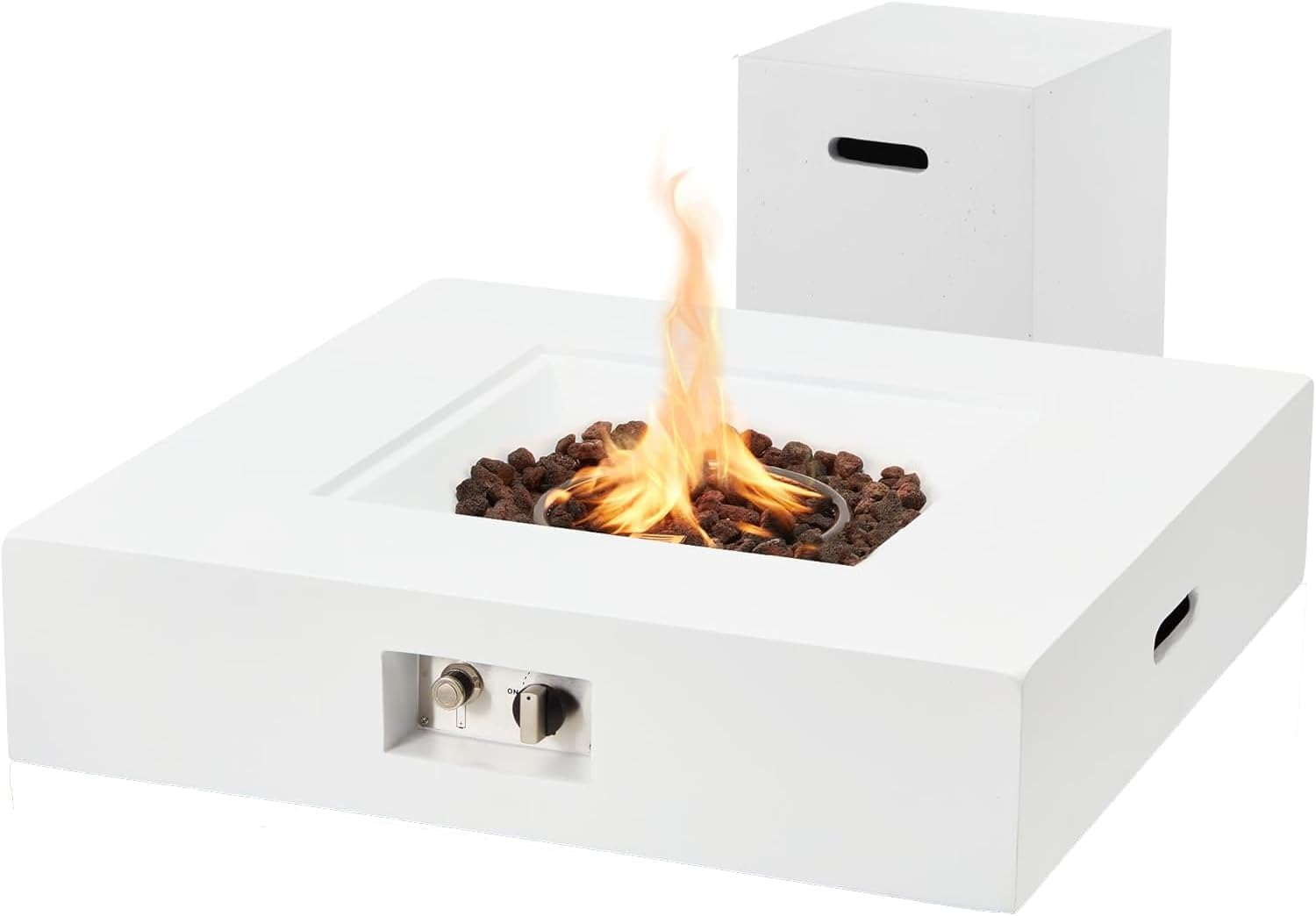 ECOTOUGE 2-Piece Propane Fire Pit Table, 32" Outdoor Gas Fire Pit with Tank Holder, 50,000 BTU Square Concrete Fire Table with Shelves, Patio Fire Pits with Auto-Ignition, Free Lava Rocks, White